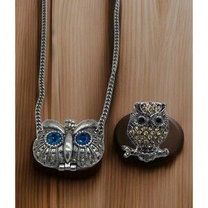 Vintage? Owl Necklace Locket & Ring Set Of 2 Rhinestones Costume Jewelry? Owls!